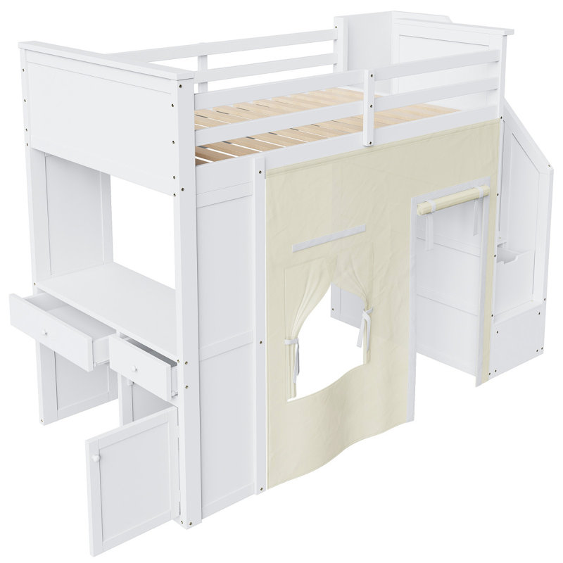 Lit mezzanine simple avec bureau et casiers, deux tiroirs intégrés, escalier de rangement et rideau, blanc