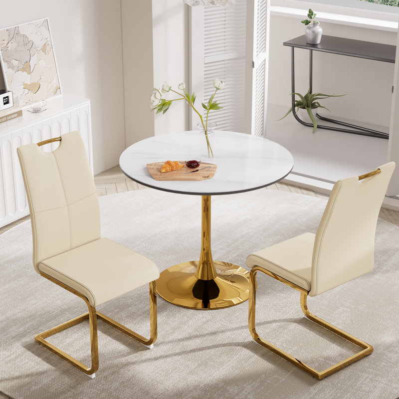 Ensemble de table à manger élégant en MDF 3 pièces pour 2 personnes, Jaune, or