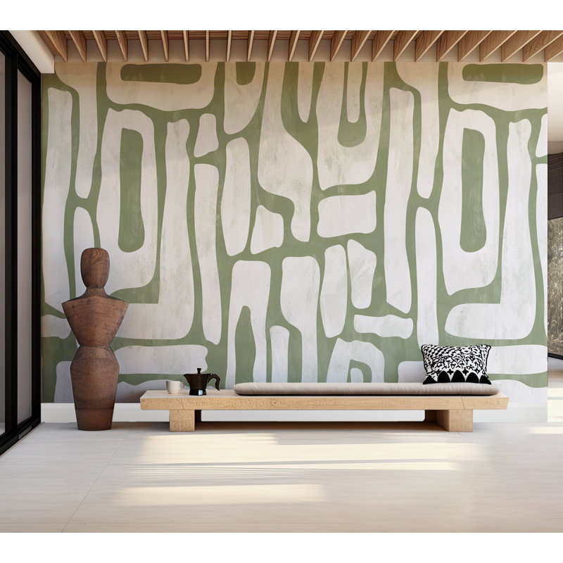 Murale abstraite pelez et collez Lamek - formes terreuses vert sauge, L 108 po x l 180 po
