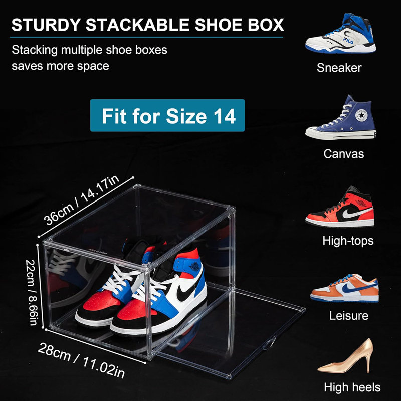 Clear Acrylic Plastic Shoe Boxes With Lids, Stackable And Foldable Drop Front Shoe Storage Containers For Space-Saving Organization