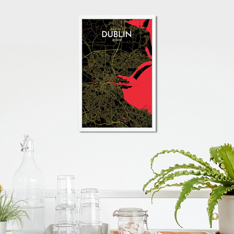 «Dublin City Map», impression de luxe, H 17 po x l 11 po, Noir / rouge / jaune