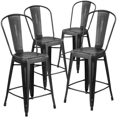 Commercial Grade Distressed Metal Indoor-Outdoor Counter Height Stool with Back