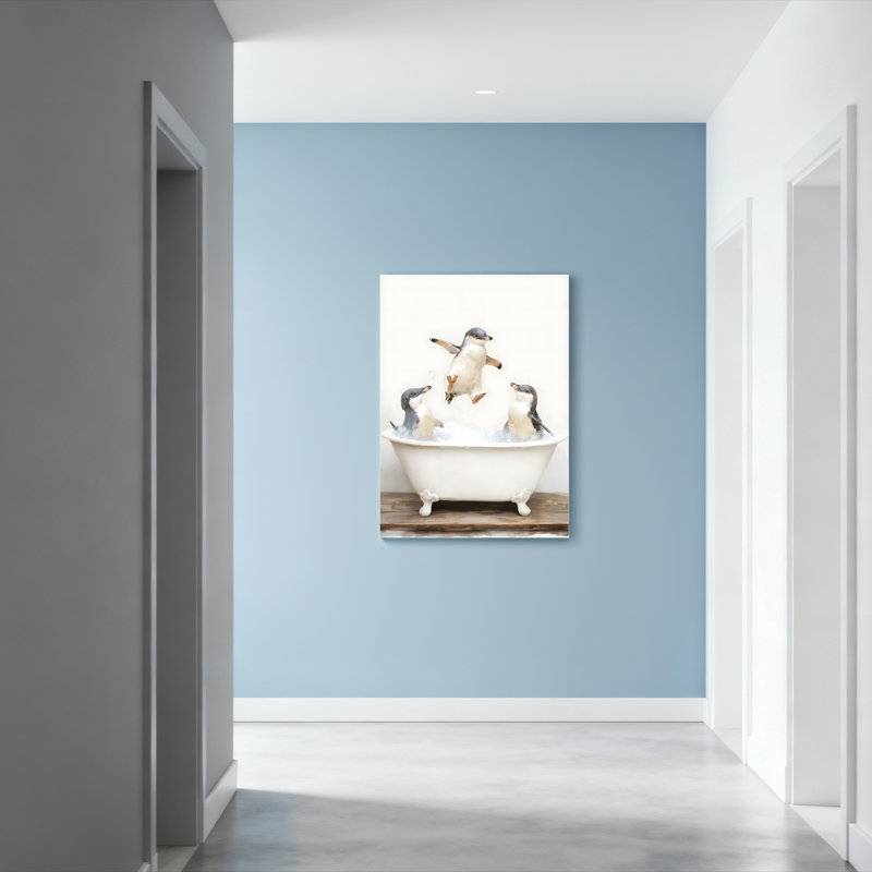 Ensemble de 1 tableau sur toile représentant des pingouins dans une baignoire, H 24 po x l 16 po
