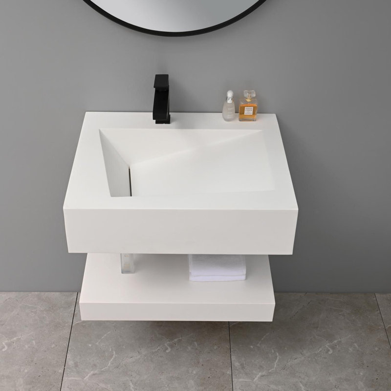 Meuble-lavabo mural en résine en V en forme de V - Meuble-lavabo flottant peu encombrant avec rangement à deux niveaux