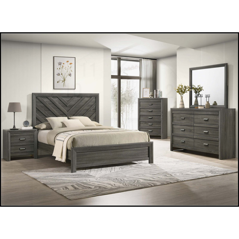 Très grand lit avec finition gris rustique et motif à chevrons géométriques, parfait pour un décor contemporain et rustique