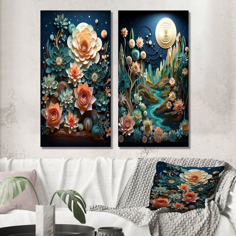 Cactus bleu sarcelle crépuscule - ensemble de 2 décorations murales cactus, H 32 po x l 33 po, Toile tendue