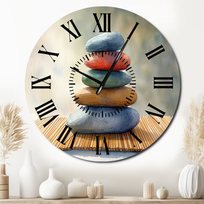 Stacked Smooth Stones on Bamboo Mat - Zen Silent Metal Wall Clock