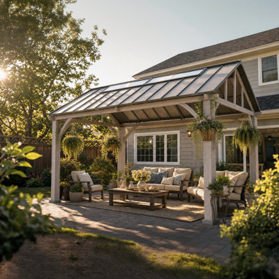 Gazebo SUNJOY 11 x 13 pi, extra haut et extra large, toit rigide robuste en acier galvanisé avec 4 grands panneaux de puits de lumière en polycarbonate, intérieur spacieux pour patio et cour arrière