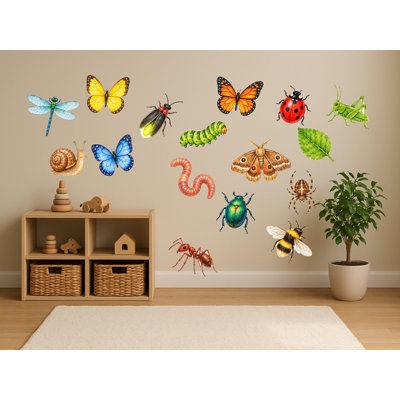 Bug And Insect Wall Decals, Set of 16 Peel and Stick Nursery Wall Stickers, Satin Finish Removable Kids Room Wall Art, 20"W x 20"H (50 x 50 cm)