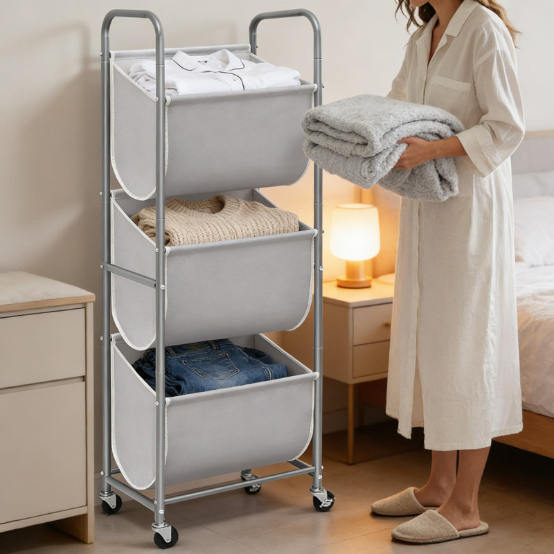 3-Section Rolling Laundry Sorter Hamper With Wheels And Brakes, 120L Capacity Space-Saving Vertical Design For Laundry Room, Closet, Dorm, And Small Spaces