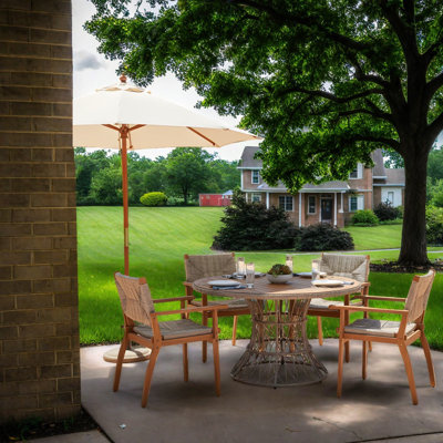 Ensemble de salle à manger de patio moderne 5 pièces, bois d'acacia brun et osier, idéal pour les réceptions en famille