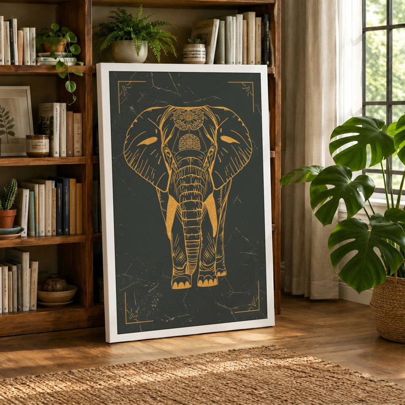 Golden Elephant Crest Art Deco - Wrapped Canvas, 30x20 - 76.2 x 50.8 cm, Sage Border
