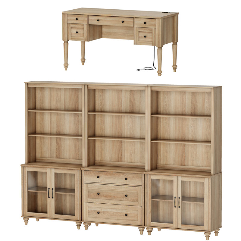 Ensemble de bureau 2 pièces, bureau double 56 po, bibliothèques avec 3 tiroirs et 2 armoires en verre, Chêne