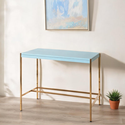 Deep Blue MDF Writing Desk with Gold Steel Base and USB Port, 42-Inch Rectangular Modern Workspace