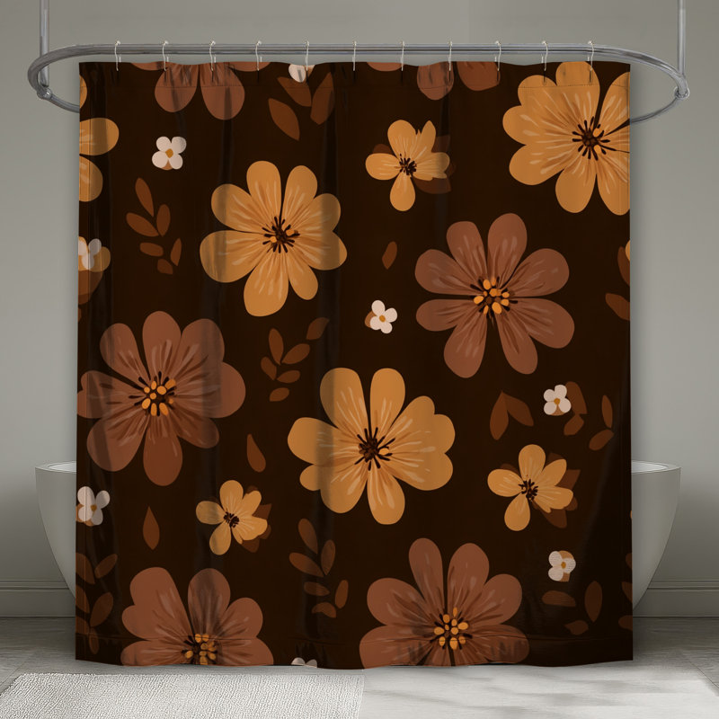 Rideau de douche à fleurs - Décoration florale de salle de bain bohémien, H 84 po x l 70 po, Brun / motif floral orange