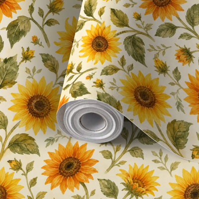 Papier peint adhésif aquarelle tournesol, feuilles vertes, beige, sans raccord, amovible, imperméable, rouleau pour chambre, salon, cuisine, 58 x 300 cm