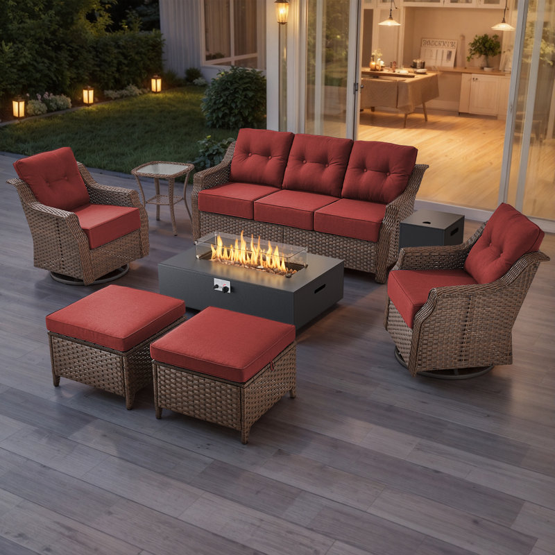 Acton 5-7 Person Outdoor Wicker Patio Family Conversation Set With Swivel Chairs And Metal Fire Pit, Red