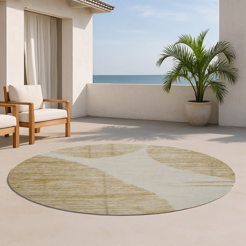 Tapis beige abstrait intérieur et extérieur, Rond 5 pi