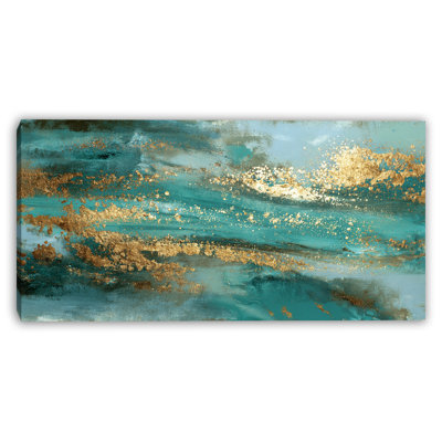 Teal Blue and Gold Abstract Coastal Horizon Wrapped Canvas Wall Art Print