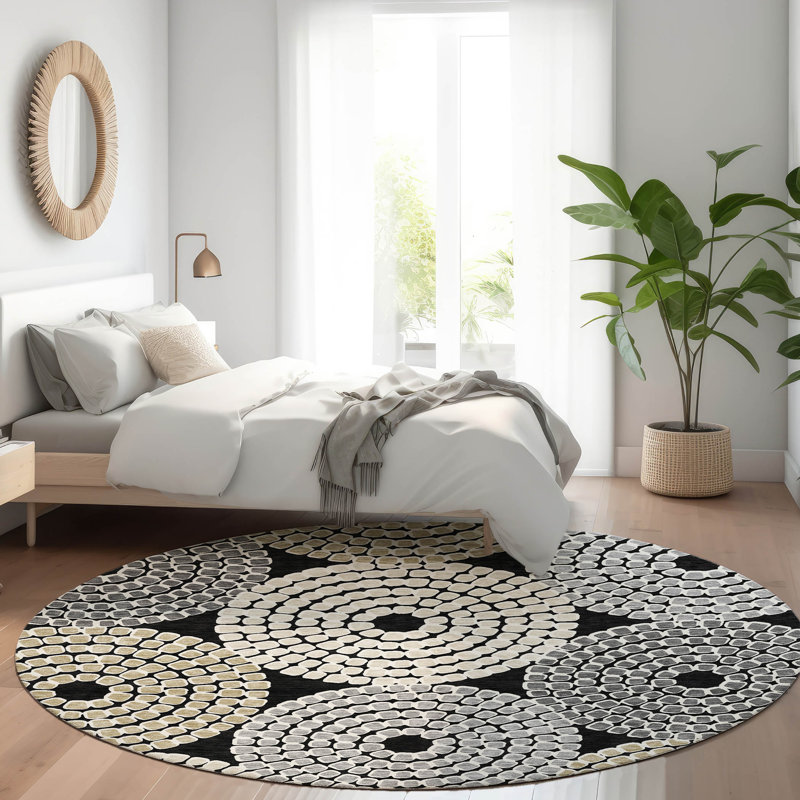 Premium Machine Washable Prisco Black Rug, Round 8'