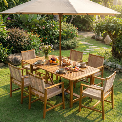 7 Piece Patio Dining Set With Rectangular Extendable Table & 6 Handwoven Chairs, 2” Umbrella Hole & Weather Resistant Outdoor Furniture Set For 6 - Natural