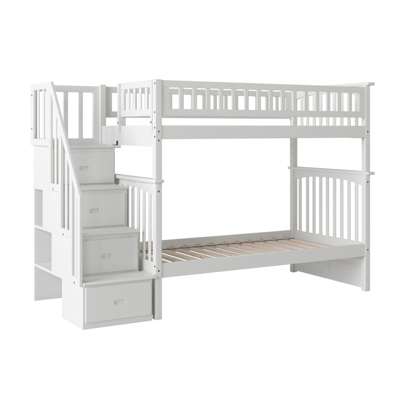 Flinn Kids Solid Wood Staircase Bunk Bed, Twin over Twin, White