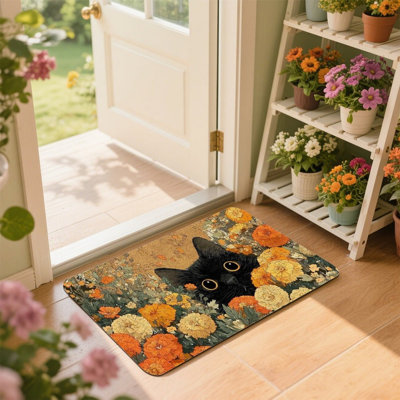 Brown Black Cat Floral Home Decor Door Rug 24 x 36 inch, For Indoor Outdoor Entryway