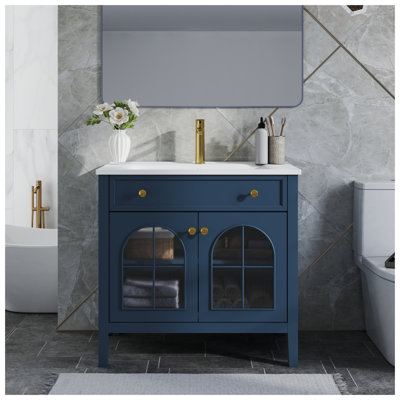 Meuble-lavabo bleu 35,6 po avec porte en verre à motifs et lavabo