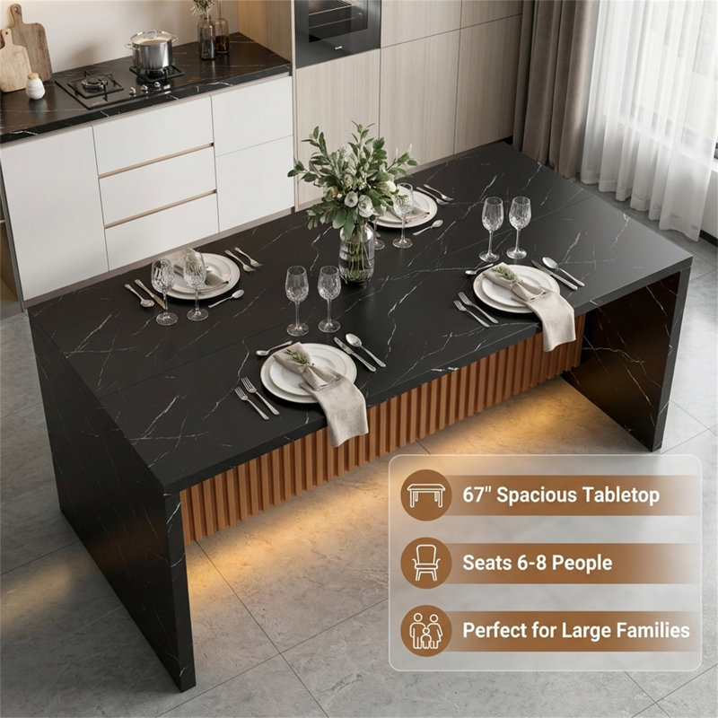 Grande table de salle à manger moderne à DEL avec texture en marbre noir, grand îlot de cuisine de 67 po