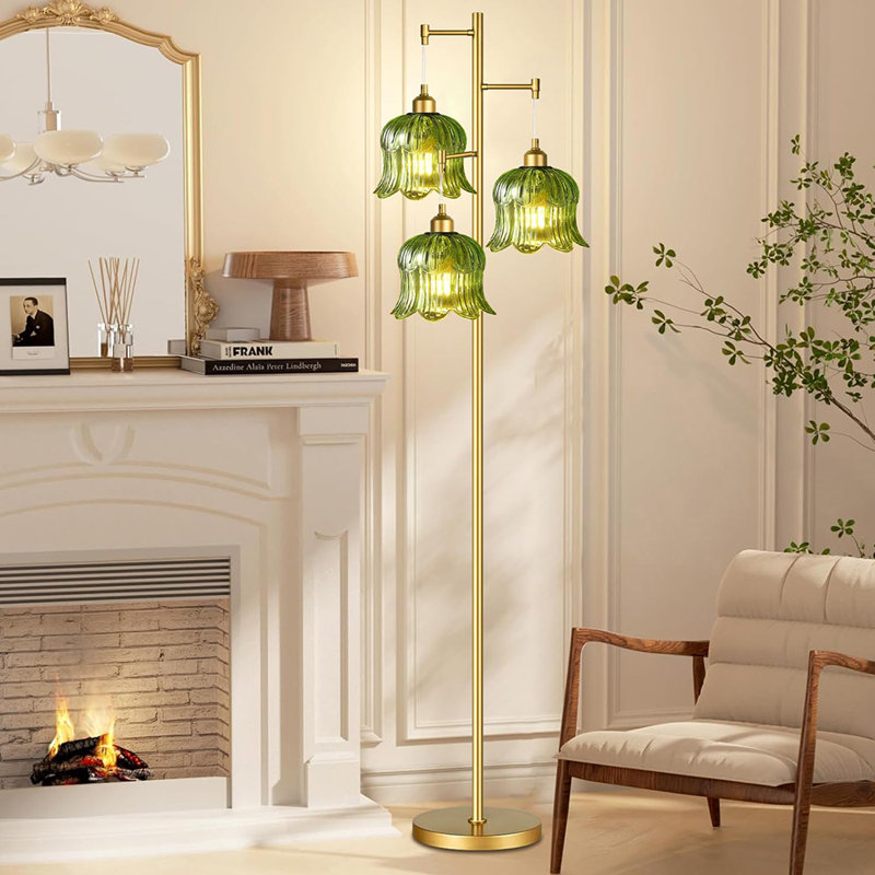 Brass Tree 3 Light Tall Floor Lamps, Dark Green