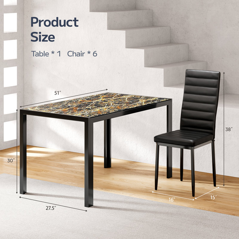 Ensemble repas 5 pièces Jehias, 7 pièces : table, 6 chaises, Marbre