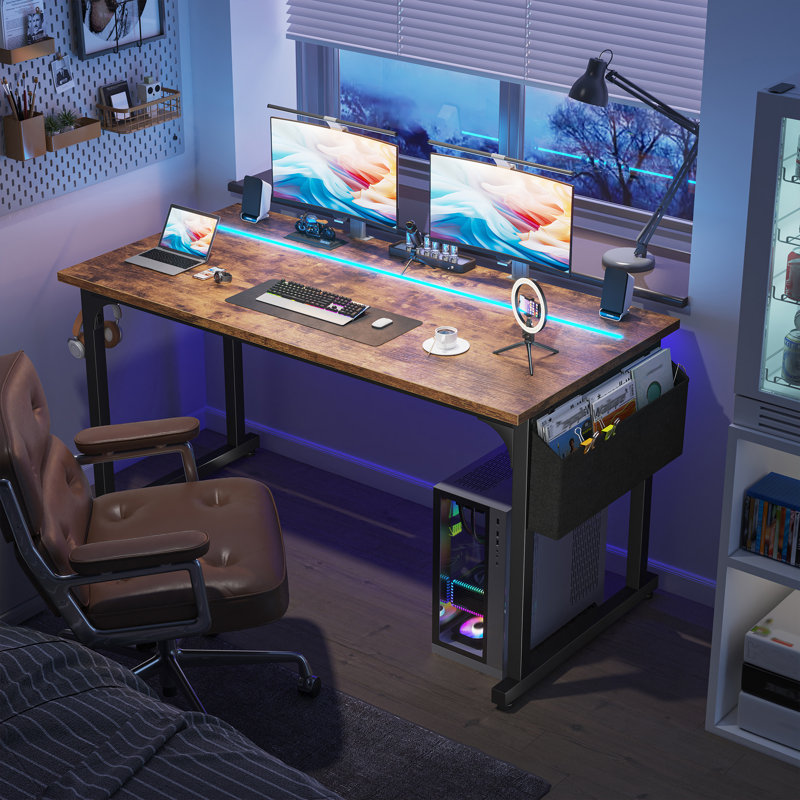 Home Office Computer Desk With LED Lights For Small Spaces, Study Writing Desk With Storage Bag And Headphone Hook