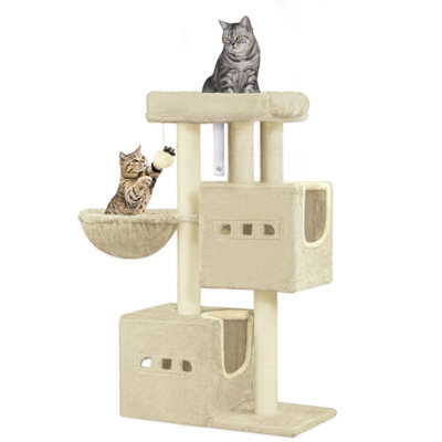 Cat Tree, 98 cm Tower, Sisal Scratching Post, Cats Tower for Indoor, Multi-Level Stable Cat Tree with Cats House, 2 Caves, Pompoms 