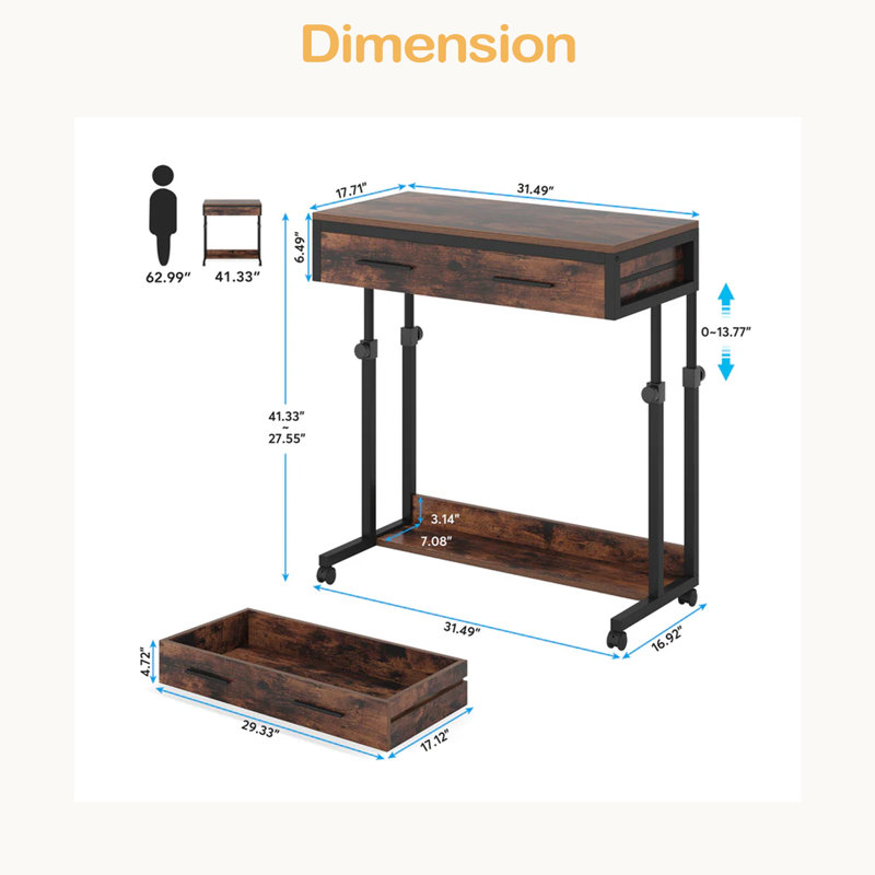 Table de bureau, bureau compact avec roues, bureau d'écriture à hauteur réglable, table basse mobile