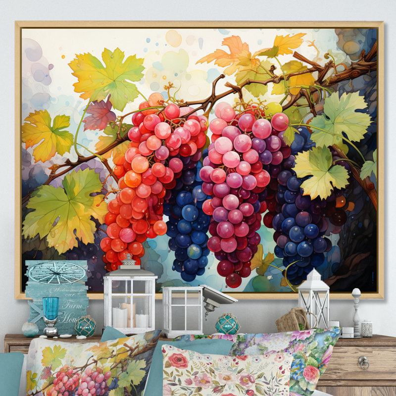 Rose, mauve, raisin, vignes, pointillisme - impression, H 30 po x l 40 po x P 1,5 po, Cadre naturel flottant