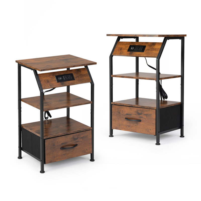 Rustic Brown Metal and Wood Nightstands with Charging Station, Set of 2
