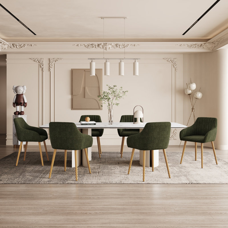 49.5cm H Upholstered Dining Chairs With Wooden Legs, 6, Green Linen/Natural