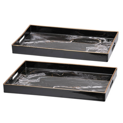 Set of 2 Effra Black Marbled Rectangular Serving Trays, 18.9" & 18.1" Decorative Trays with Gold Rims