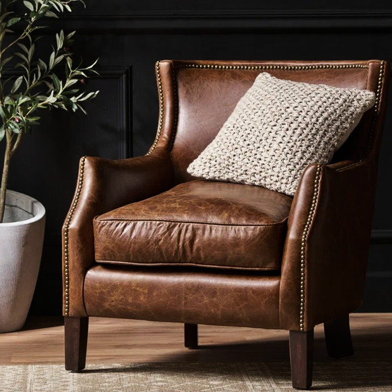 Chaise de salon en cuir fleur de qualité supérieure, brun, accoudoirs de luxe à assise confortable, revêtement