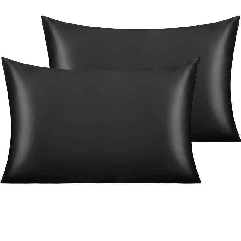 Taies d'oreiller en satin avec fermeture à enveloppe, housses de coussin pour la peau et les cheveux, paquet de 2, Noir