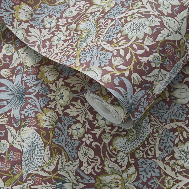 Strawberry Thief William Morris 10.05m x 52cm Matte Wallpaper Roll, Plum/Beige
