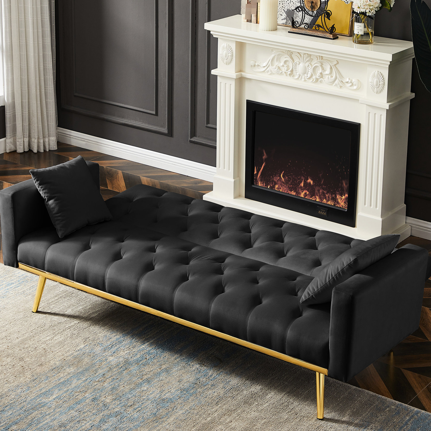 George Oliver Black Velvet Convertible Futon Bed, Suitable For Compact ...