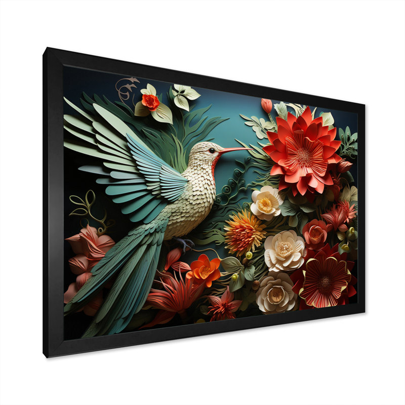 Coral Red Hummingbird Harmony - Animals Canvas Prints, H 16 po x l 32 po x P 1 po, Cadre photo noir