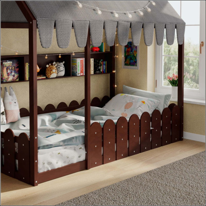 Lit maison pour enfants, lit au sol avec garde-corps, tente, lumières et 3 tablettes de rangement, Lit double, Gris / Brun