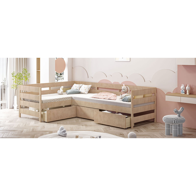 Lit plateforme en L avec tiroirs, Naturel