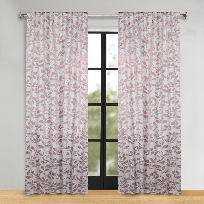  Leaves Pattern Machine Washable 100% Polyester Black Out Curtains with Back Tabs, 52" W x 63" L, Champagne