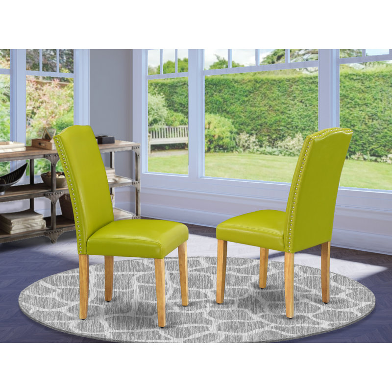 Encinal Parsons Dining Chairs - Nailhead Trim Autumn Green Faux Leather Upholstered Chairs, Set of 2, Oak, Autumn Green, Oak