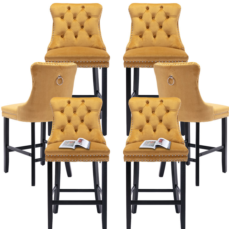 Velvet Upholstered Bar Stool with Button Tufted Back (Set of 4), Yellow/Black
