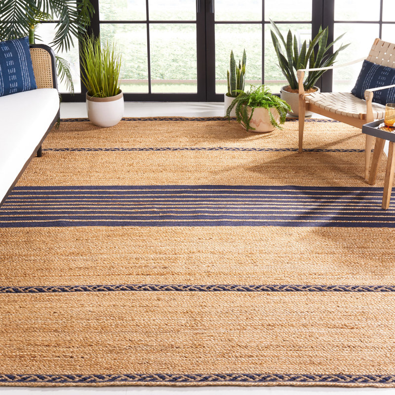 Koriana Natural Fiber Hand Loomed Jute/Cotton Striped Rug in Natural/Navy, Rectangle 5' x 8'