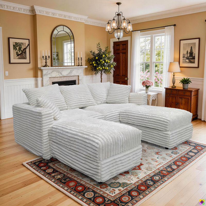 Gus 82.7"W/ 70.8"W 4-Piece 3 Seaters Convertible Modular Corduroy Sectional, 2 Ottomans, Beige Corduroy